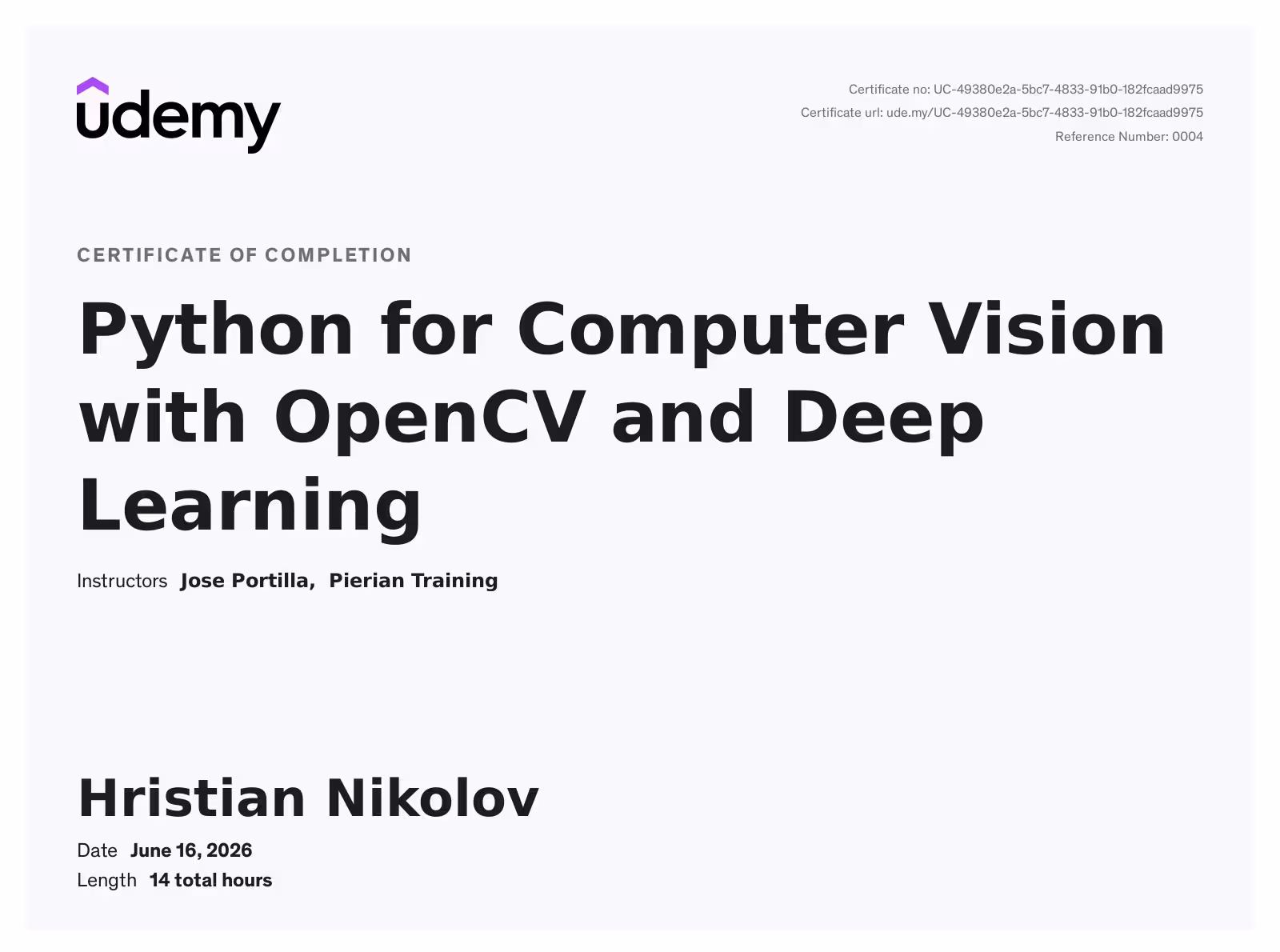 Computer Vision with OpenCV and Deep Learning - Udemy Certificate