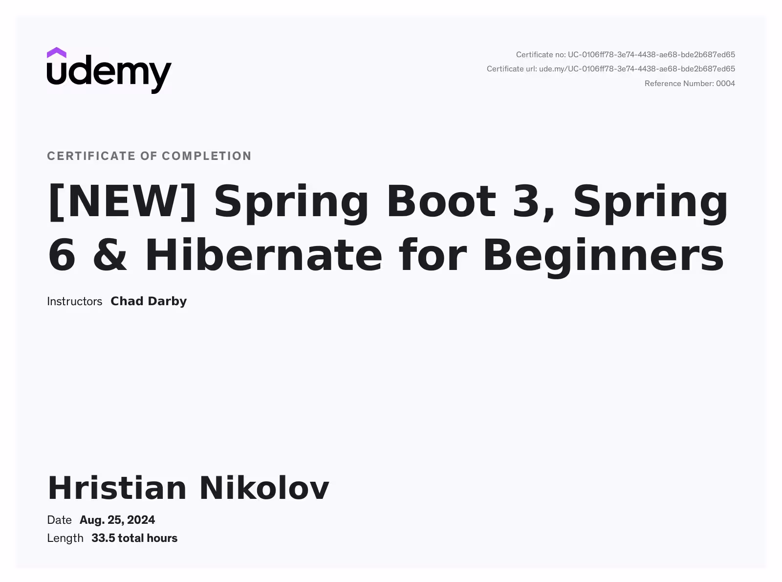 Spring Boot 3, Spring 6 & Hibernate - Udemy Certificate